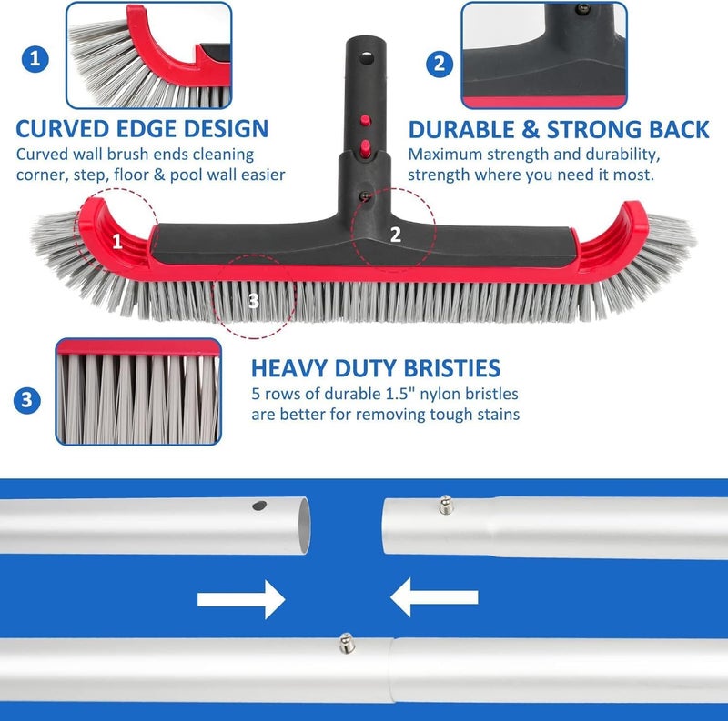 Poolvio Swimming Pool Brush with Pole - 17.5" Wall Brush with 10FT Adjustable Aluminum Pole, Nylon Bristles, Curved Ends, EZ Clip Handle, Pool Brush for Cleaning Walls, Tiles & Floors - Image 4